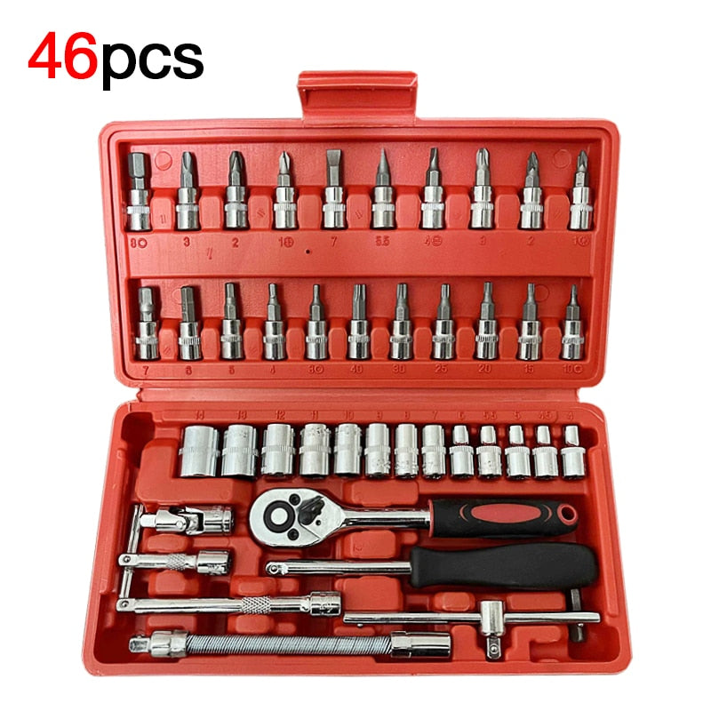 46pcs Car Repair Tool Set,1/4-Inch Socket Set,Ratchet Torque Wrench,Combo Tools Kit,Auto Repairing Tool Set.